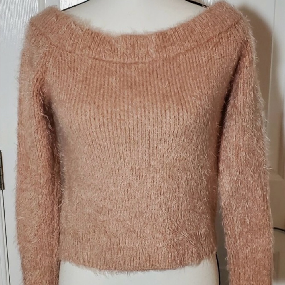MinkPink Cozy Women's Fuzzy Sweater pink off shoulder